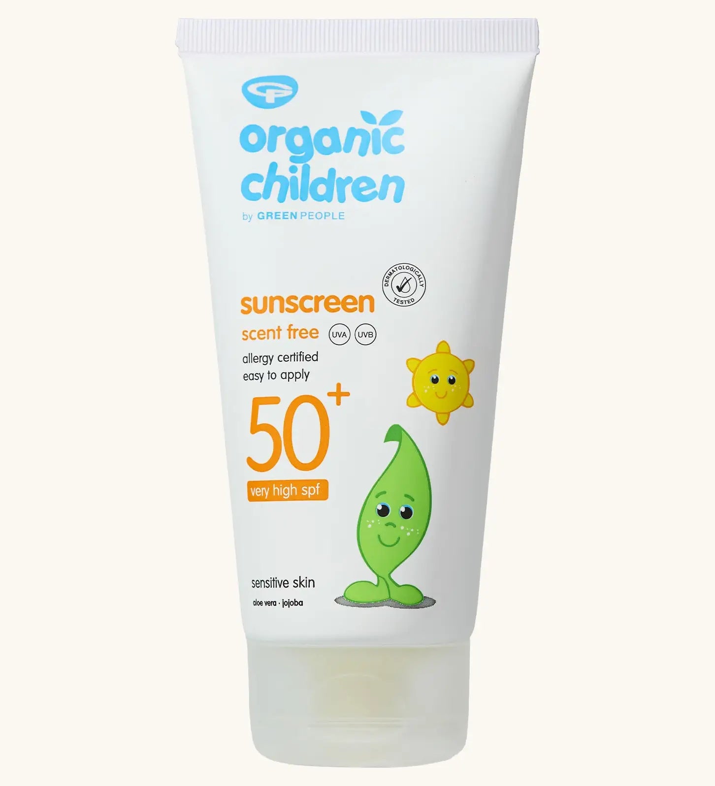 Green People organic children SPF50 scent free sun cream showing a 150ml white branded tube