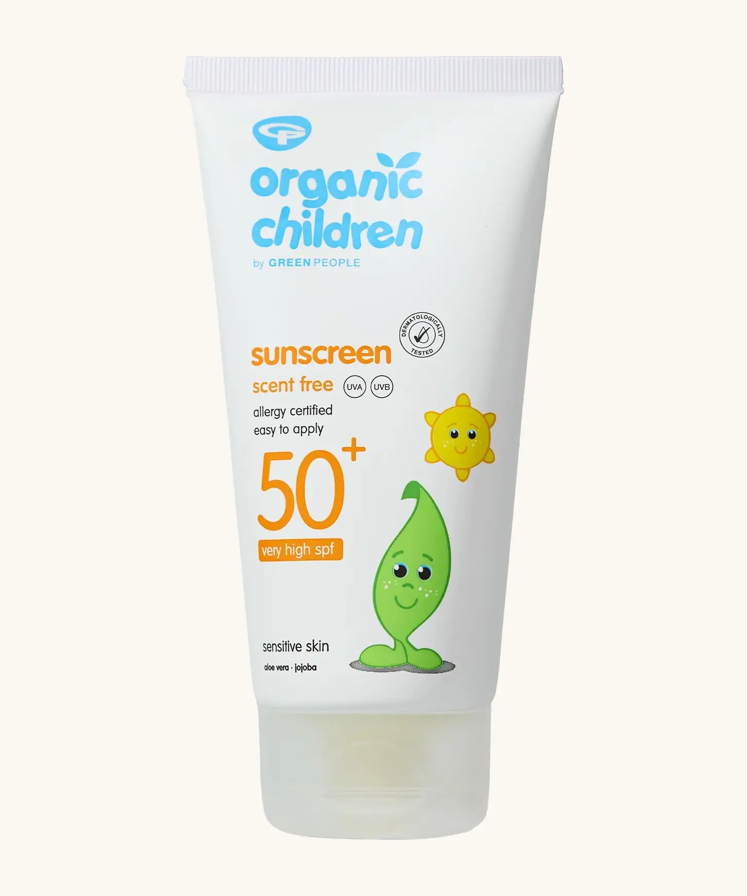 Green People organic children SPF50 scent free sun cream showing a 150ml white branded tube
