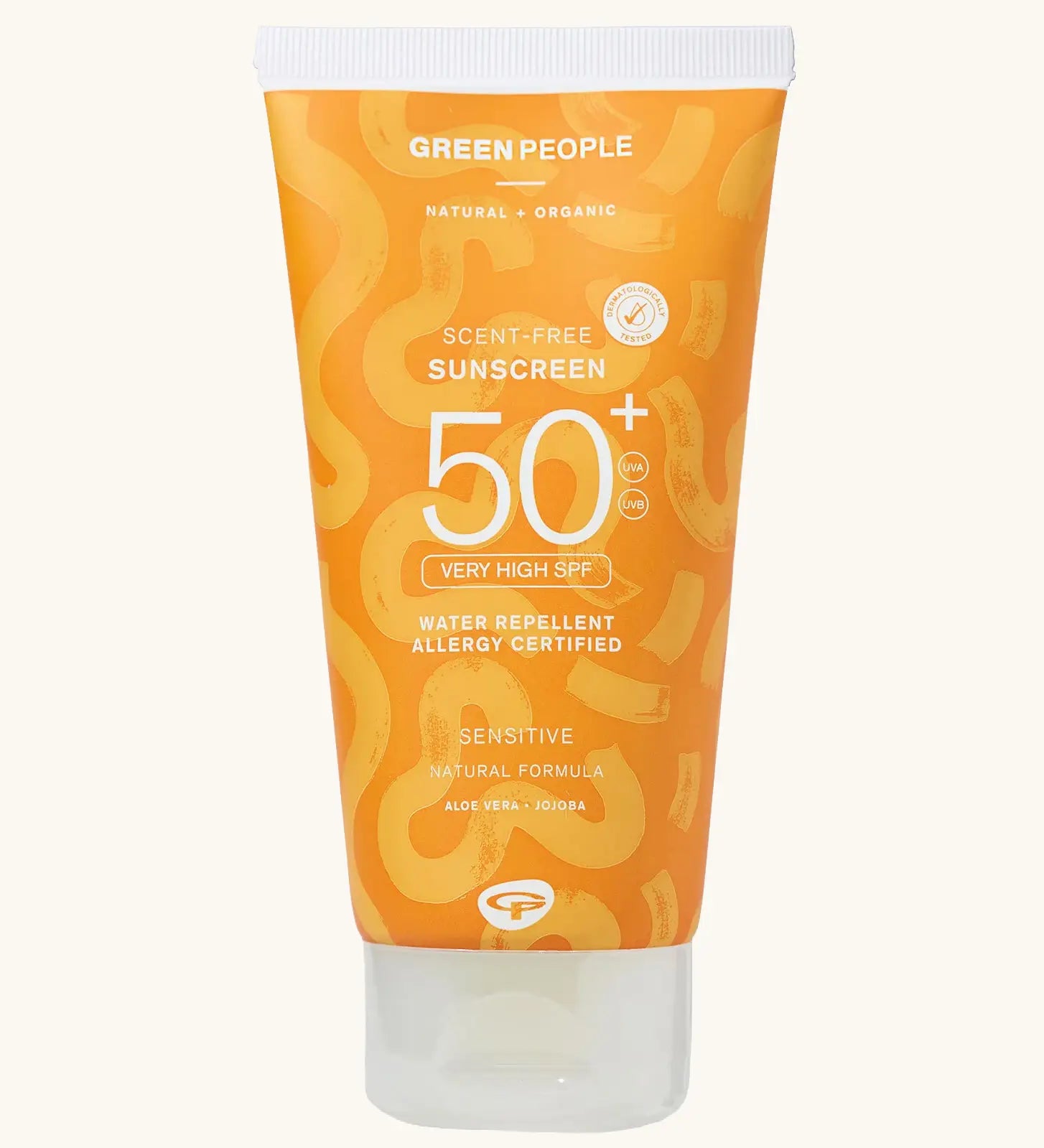 Green People SPF50 water repellent sun cream showing a 150ml orange branded tube 