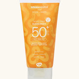 Green People SPF50 water repellent sun cream showing a 150ml orange branded tube 
