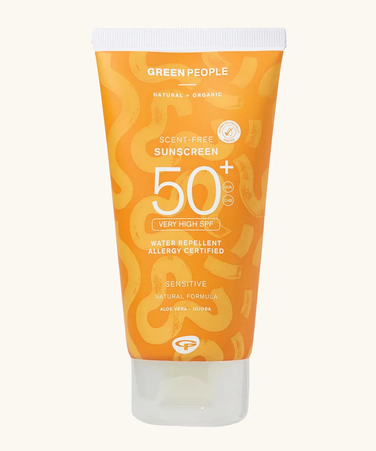 Green People SPF50 water repellent sun cream showing a 150ml orange branded tube 