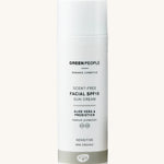 Green People Scent Free Facial SPF15 Sun Cream - 50ml, for sensitive skin, comes in a white tube with a grey stripe on the bottom. The image is on a cream background