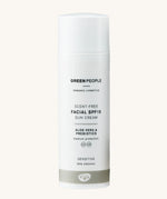 Green People Scent Free Facial SPF15 Sun Cream - 50ml, for sensitive skin, comes in a white tube with a grey stripe on the bottom. The image is on a cream background