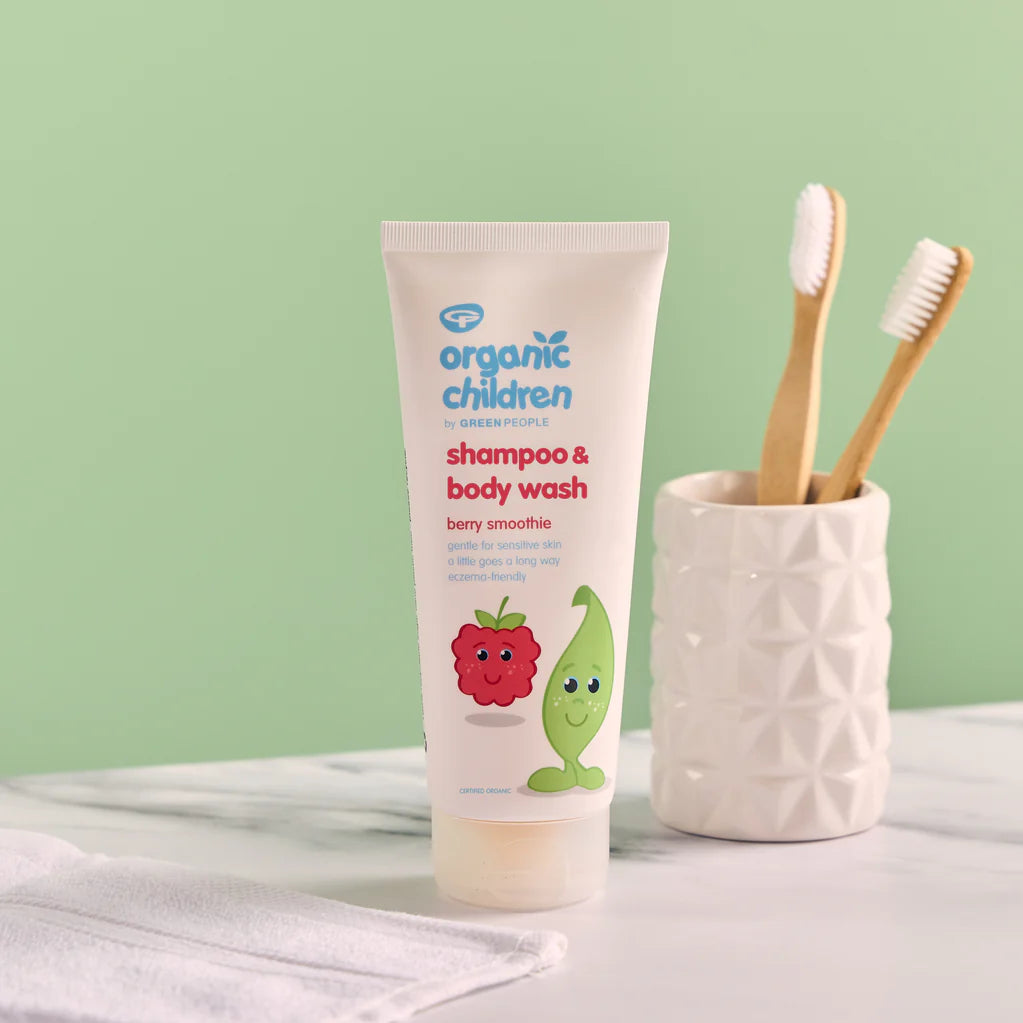 Green People organic baby shampoo and body wash 2-in-1 bottle in natural berry smoothie scent. 