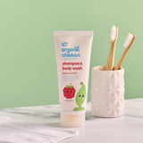 Green People organic baby shampoo and body wash 2-in-1 bottle in natural berry smoothie scent. 