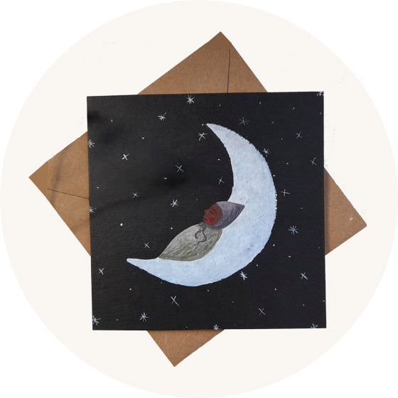 LydiaMae new baby gift card, black starry backdrop with moon and baby, to represent greeting cards at Babipur.