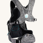 Carifit+ Fabric Baby Carrier in Grey, show from the back, showing the adjustable straps and the zip up storage pouch, on a cream background