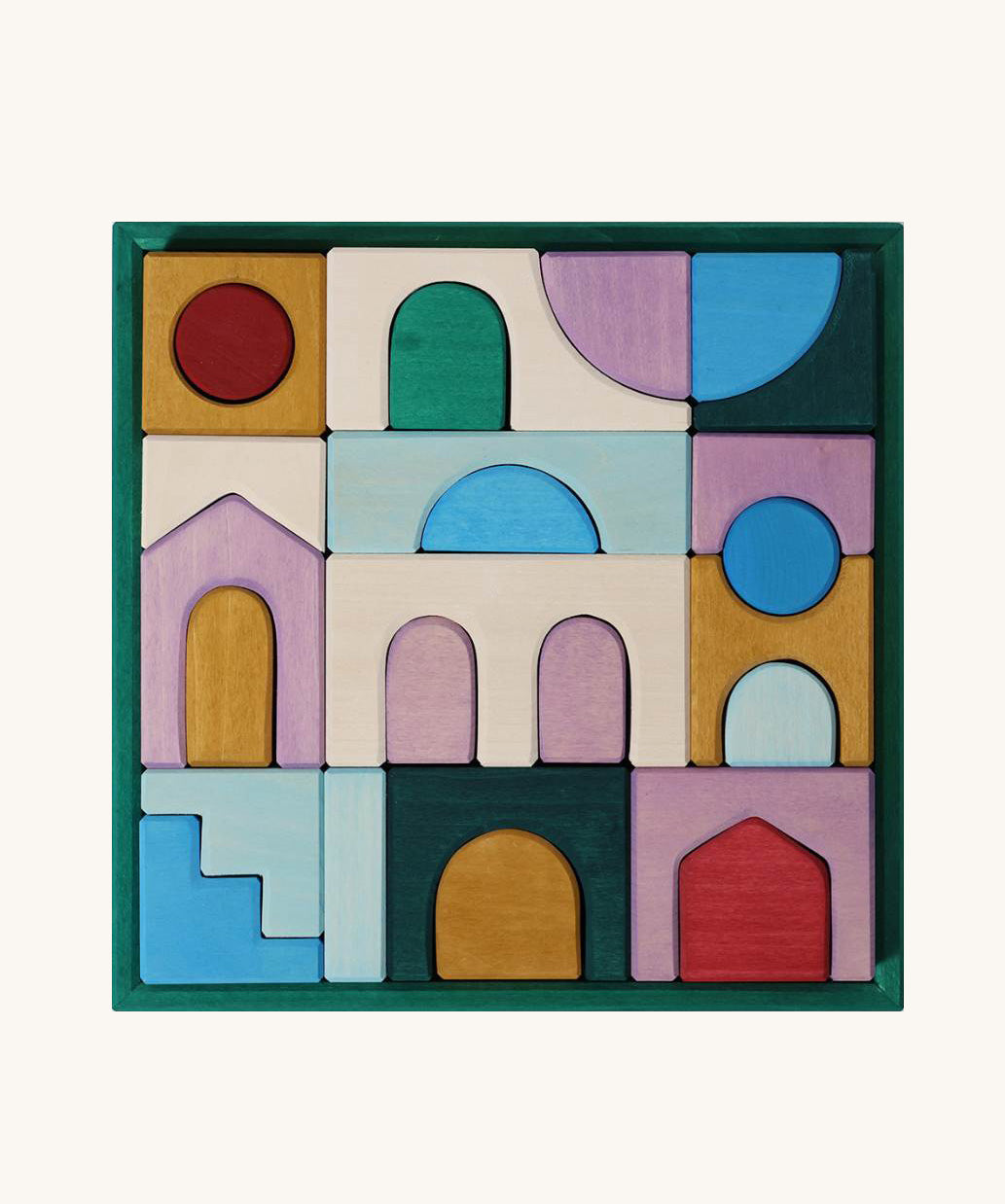 Grimm's wooden floor building set in a purple square frame shows handcrafted pieces in different colours