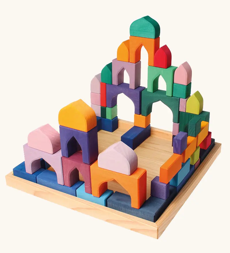 Grimm's 1001 nights wooden building blocks, Arabian nights colourful toys in wooden tray.