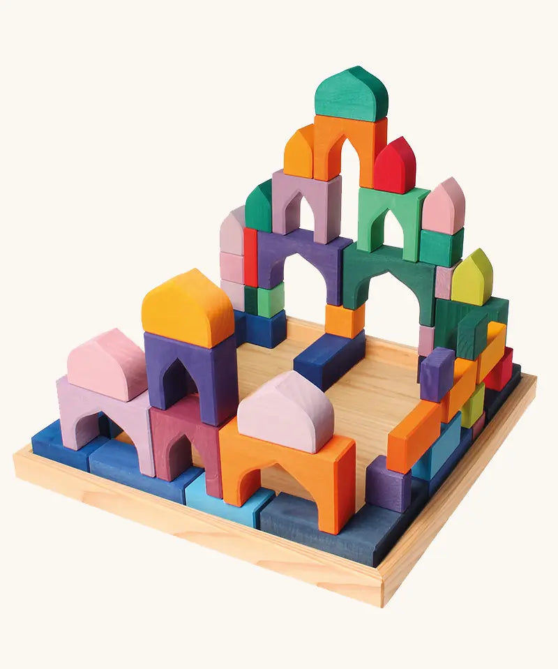 Grimm's 1001 nights wooden building blocks, Arabian nights colourful toys in wooden tray.