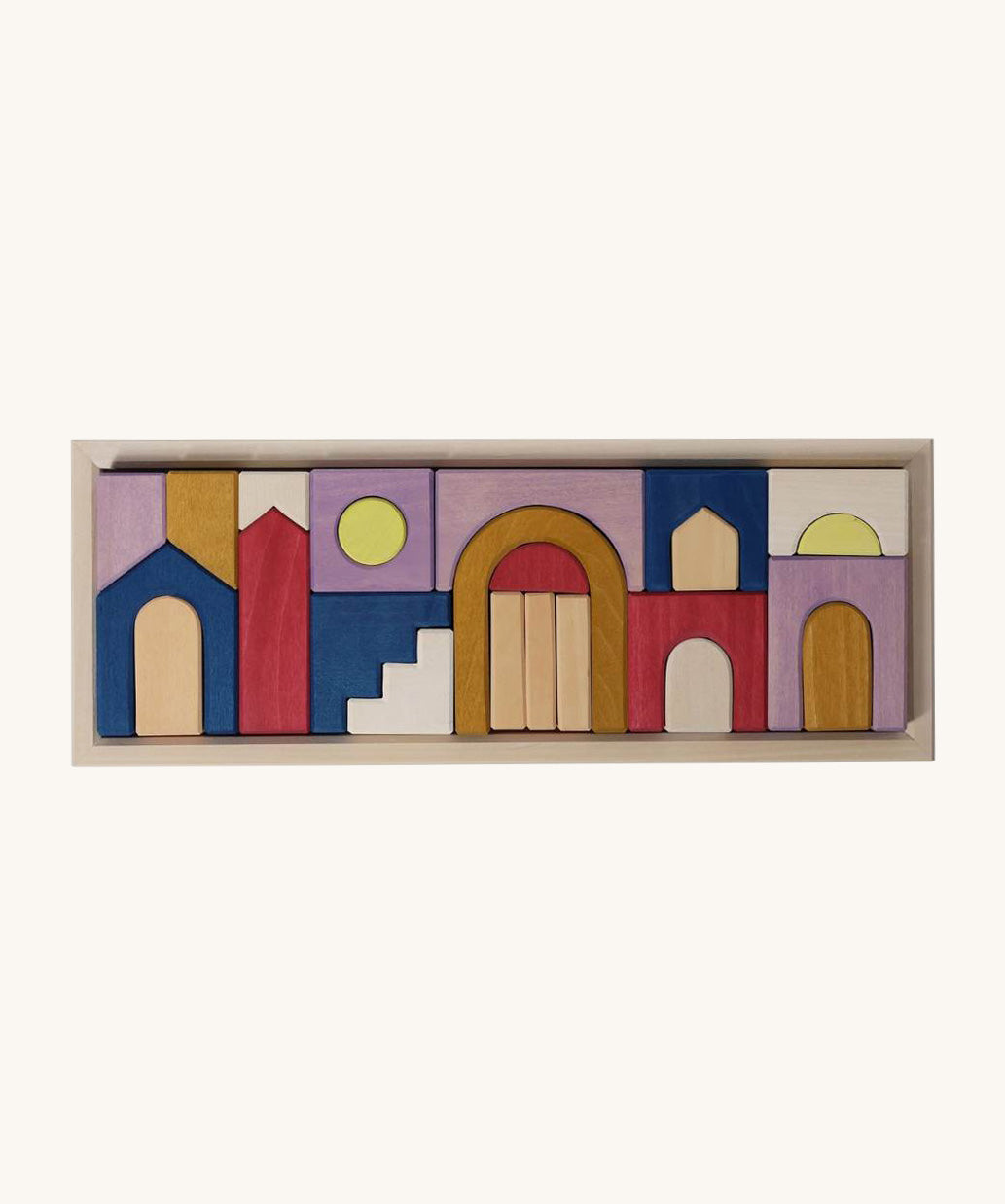 Grimm's wooden panorama building set in a rectangle frame shows handcrafted pieces in different colours