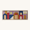 Grimm's wooden panorama building set in a rectangle frame shows handcrafted pieces in different colours