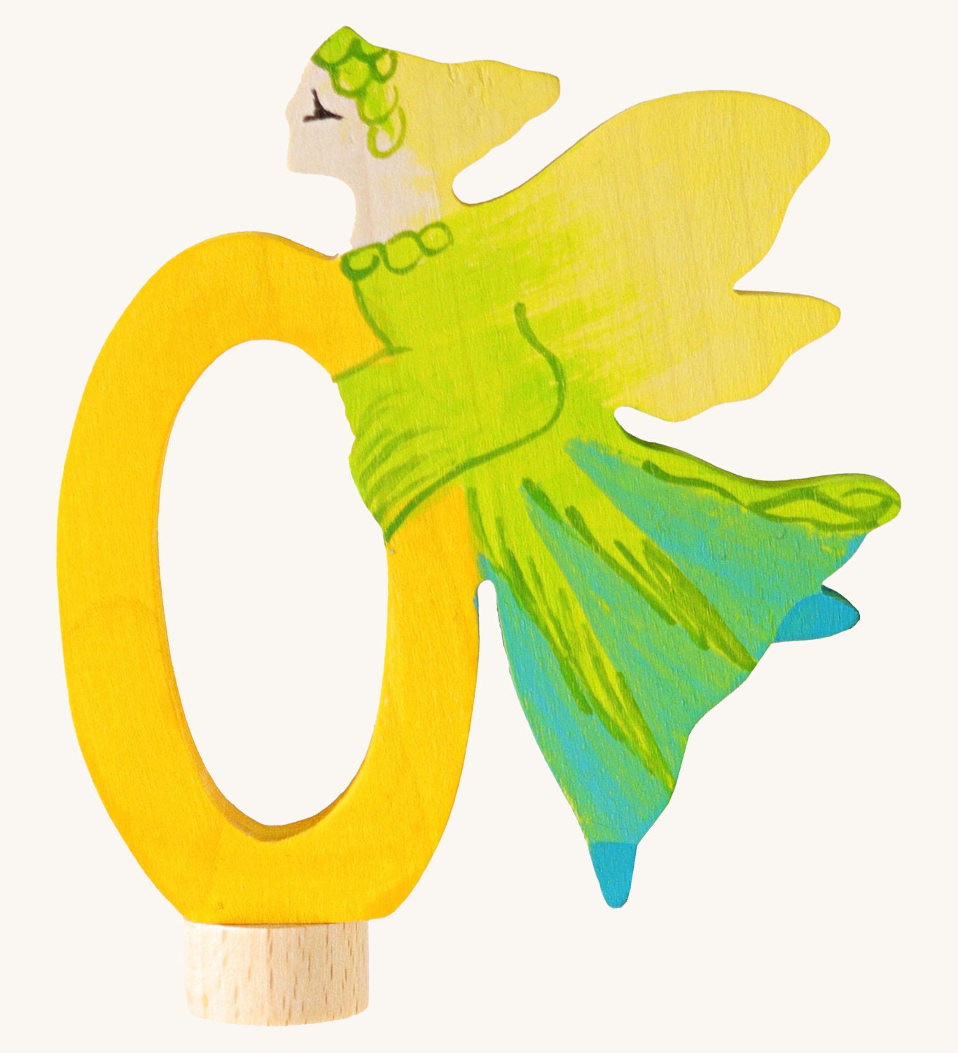 Grimms number 0 fairy decorative figure available at Babipur. A yellow wooden number 0 figure with a yellow fairy latched on. 