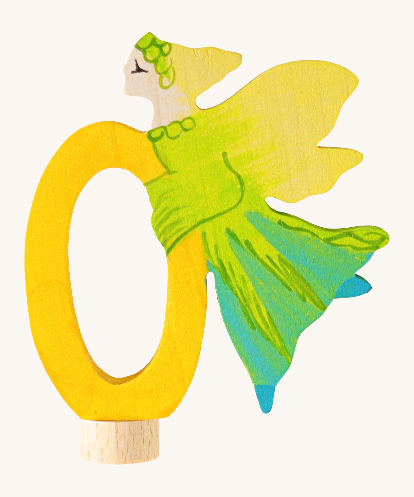 Grimms number 0 fairy decorative figure available at Babipur. A yellow wooden number 0 figure with a yellow fairy latched on. 