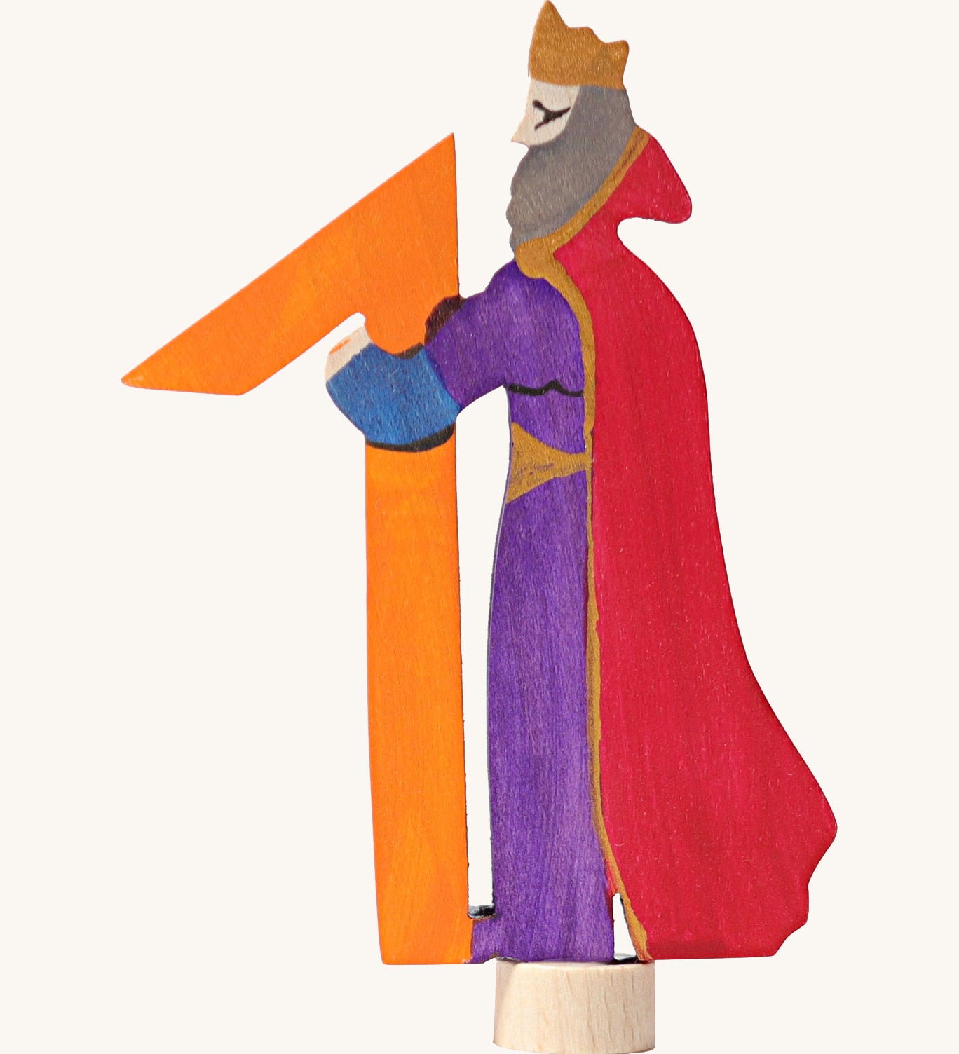 Grimms number 1 fairy decorative figure available at Babipur. A orange wooden number 1 figure with a king latching on. 