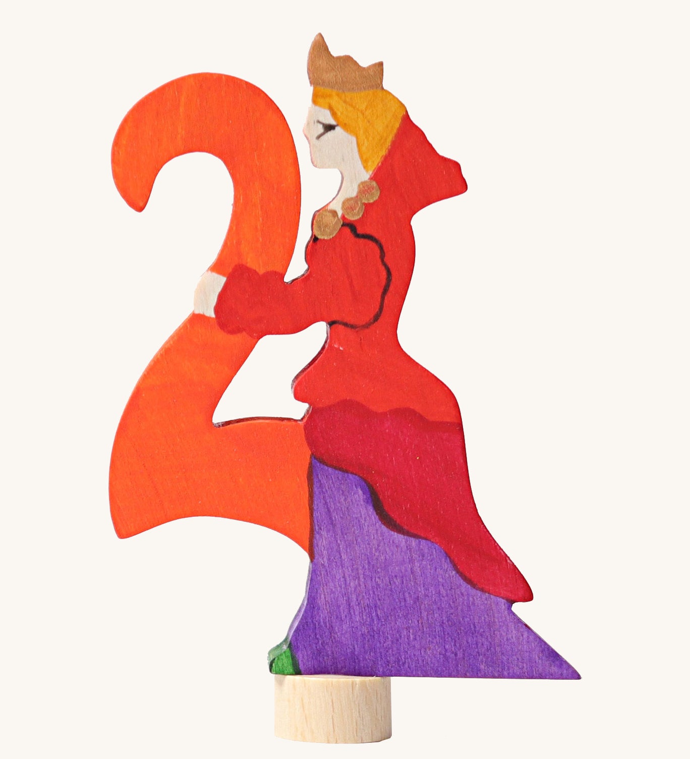 Grimms number 2 fairy decorative figure available at Babipur. A orange wooden number 2 figure with a red queen latching on. 