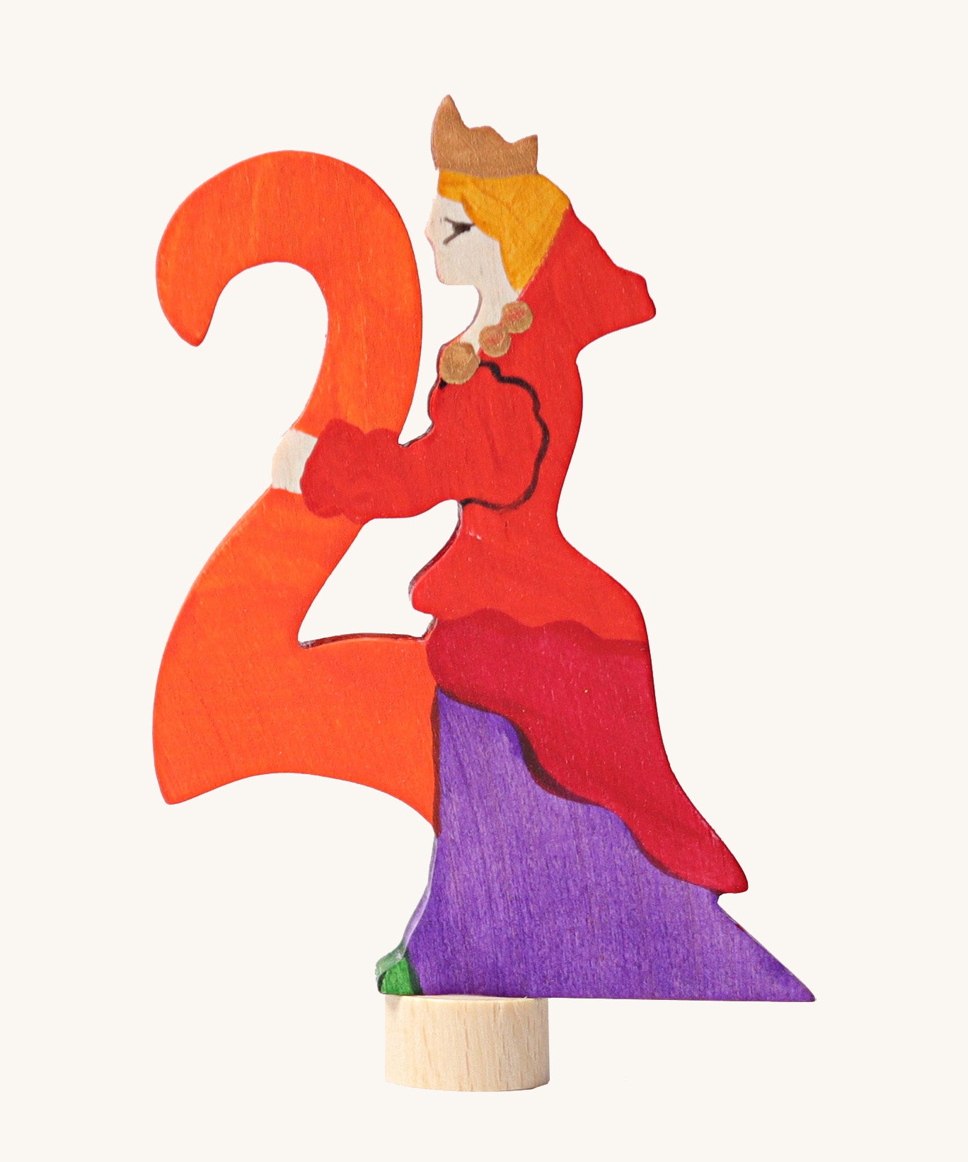 Grimms number 2 fairy decorative figure available at Babipur. A orange wooden number 2 figure with a red queen latching on. 