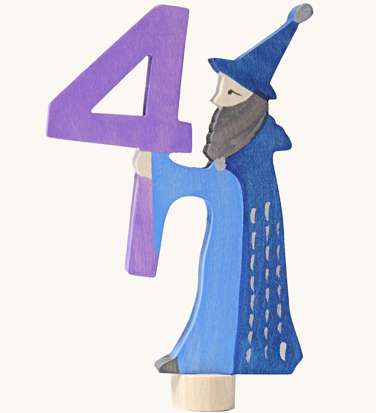 Grimms number 4 fairy decorative figure available at Babipur. A purple wooden number 4 figure with a blue wizard latching on. 