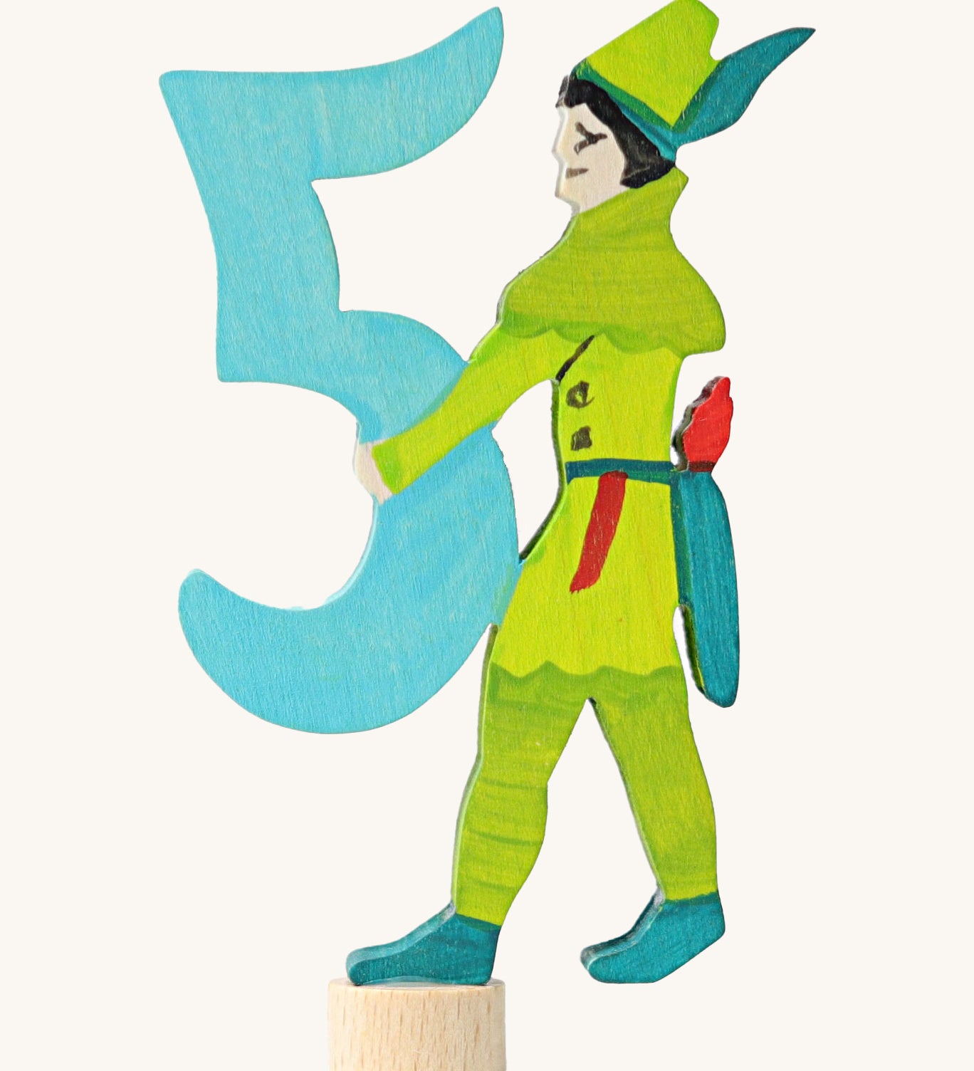 Grimms number 5 Robin Hood decorative figure available at Babipur. A light blue wooden number 5 figure with Robin Hood latching on. 