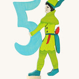 Grimms number 5 Robin Hood decorative figure available at Babipur. A light blue wooden number 5 figure with Robin Hood latching on. 