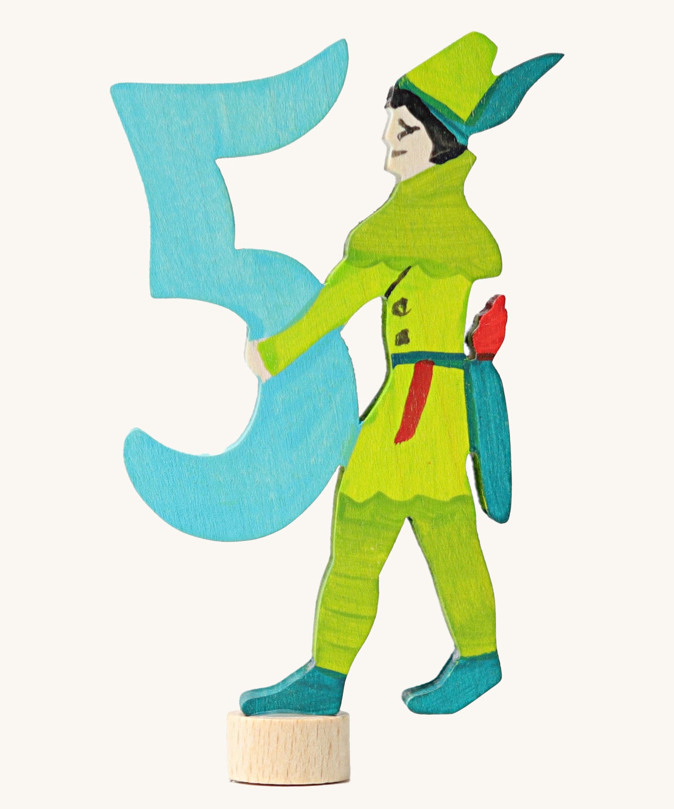 Grimms number 5 Robin Hood decorative figure available at Babipur. A light blue wooden number 5 figure with Robin Hood latching on. 