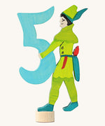 Grimms number 5 Robin Hood decorative figure available at Babipur. A light blue wooden number 5 figure with Robin Hood latching on. 