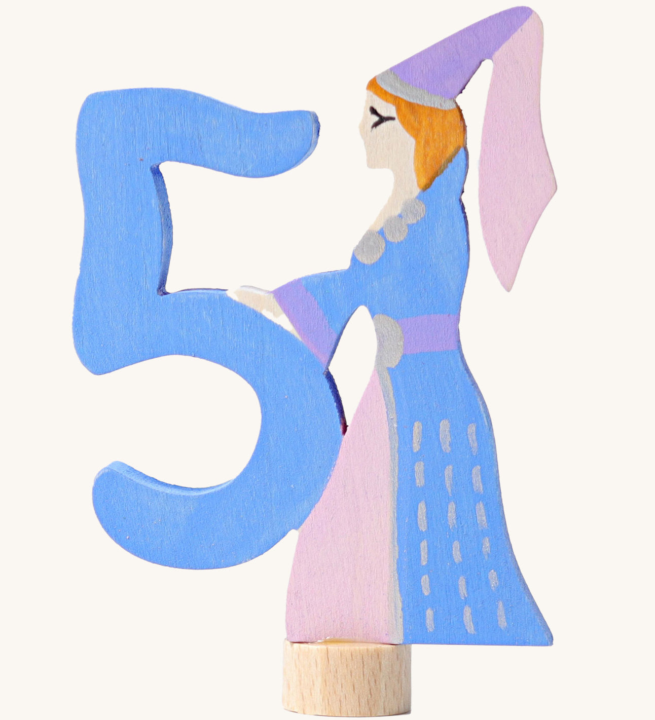 Grimms number 5 fairy decorative figure available at Babipur. A light blue wooden number 5 figure with a blue and pink princess latching on. 