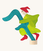 Grimms number 7 fairy decorative figure available at Babipur. A turquoise wooden number 7 figure with green fairy latching on