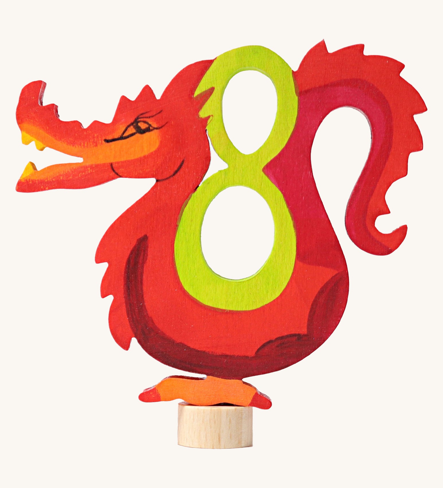 Grimms number 8 fairy decorative figure available at Babipur. A light green wooden number 8 figure with red dragon holding the number