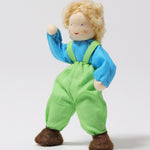 Grimm's Blond Boy Doll - Linde with its legs apart, one arm bent up and one arm bent down to show the movement in the dolls arms and legs