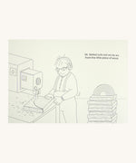 A page from the Grimms little rainbow colouring book available at Babipur showing an example page with a craftsperson making a Grimms rainbow