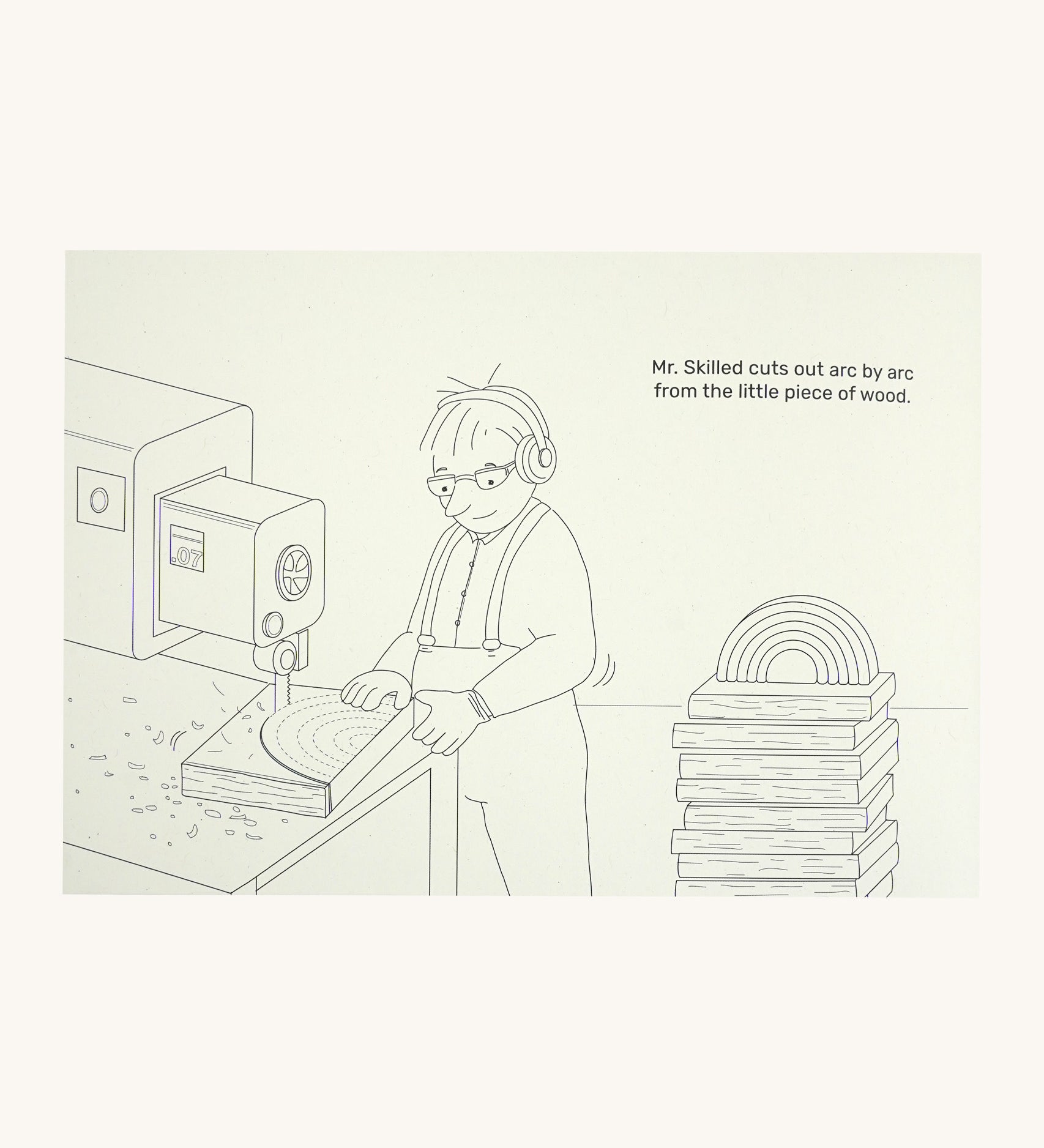 A page from the Grimms little rainbow colouring book available at Babipur showing an example page with a craftsperson making a Grimms rainbow