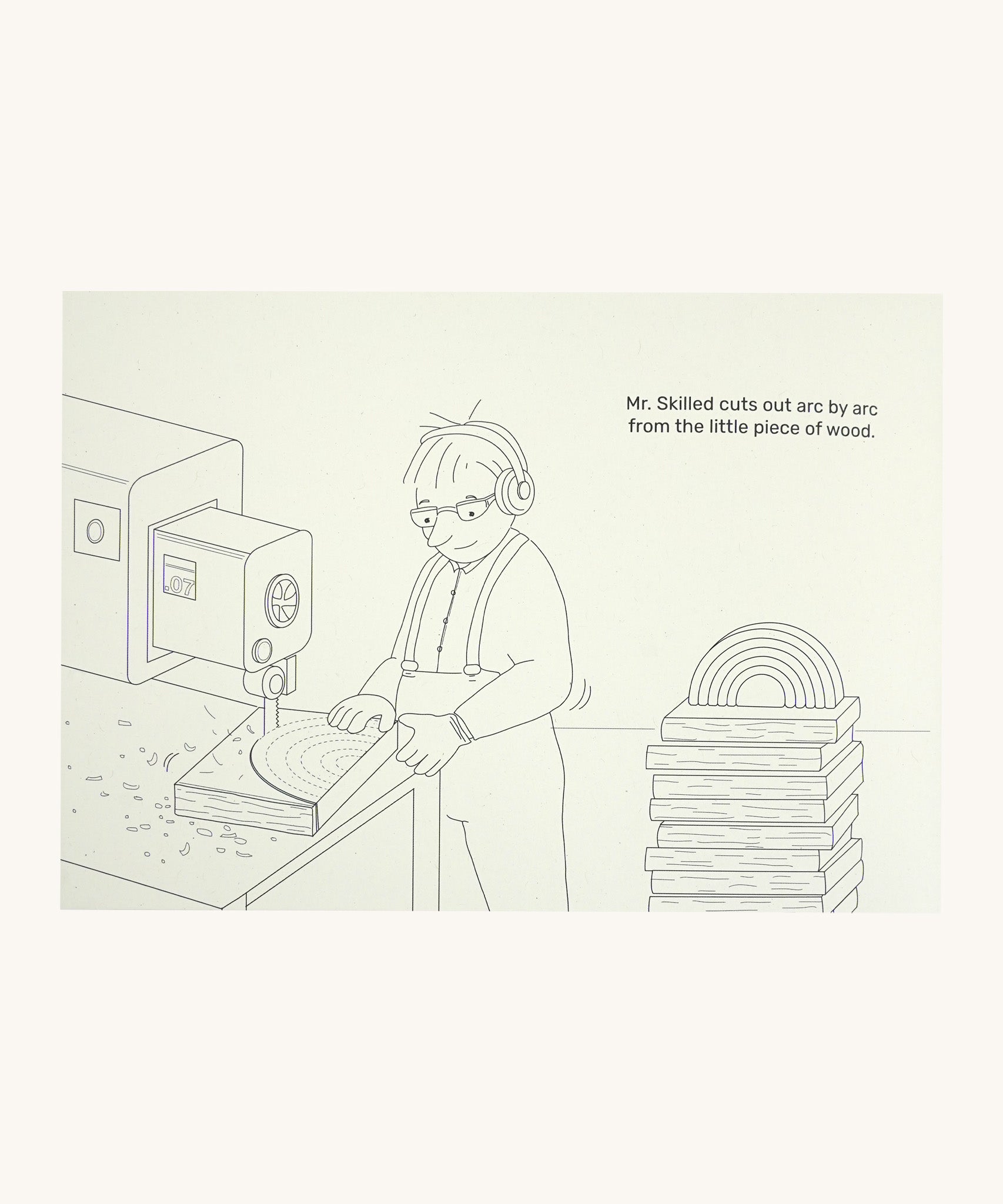 A page from the Grimms little rainbow colouring book available at Babipur showing an example page with a craftsperson making a Grimms rainbow