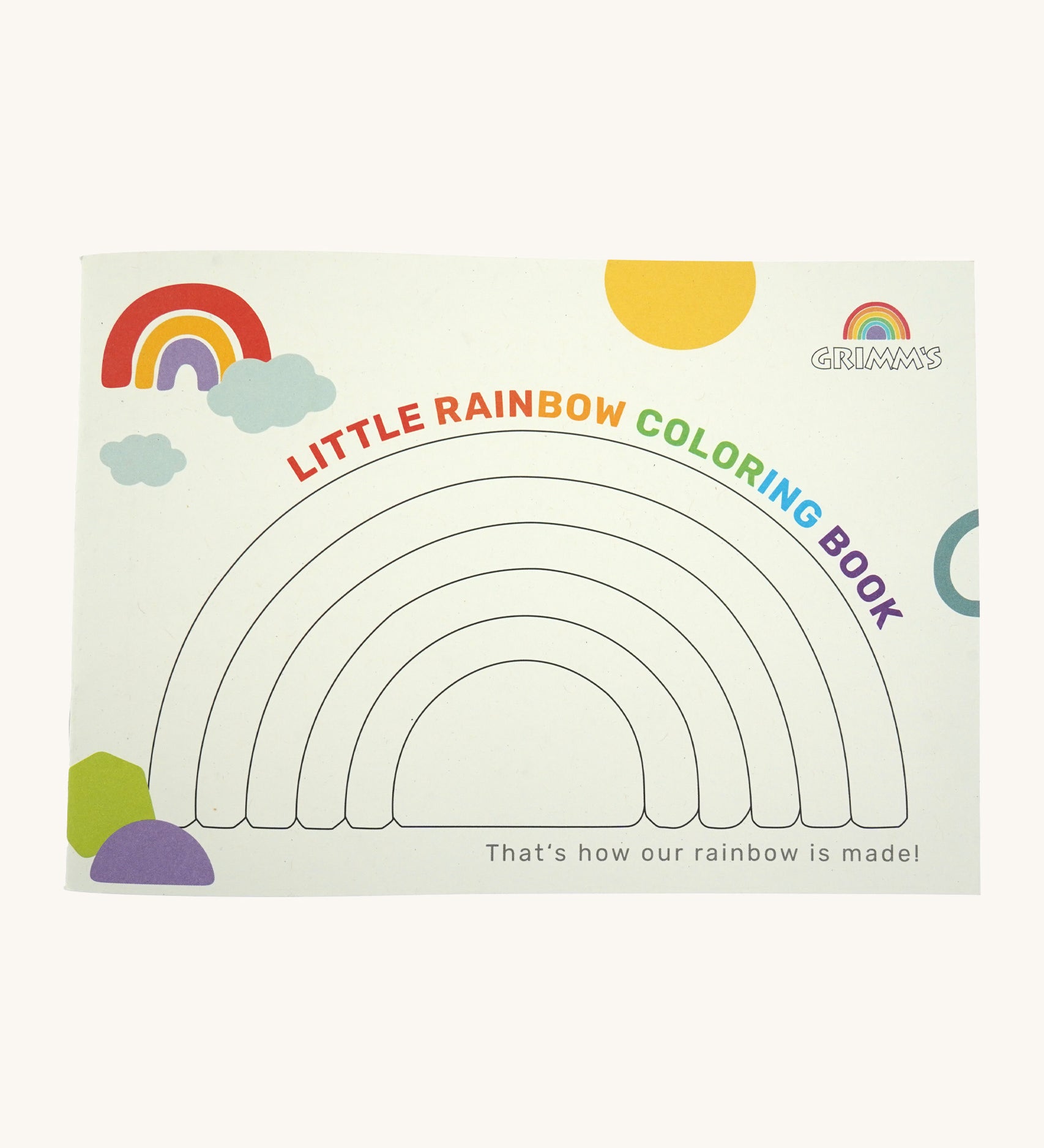 Grimms little rainbow colouring book available at Babipur showing a blank rainbow on the cover to colour in. 