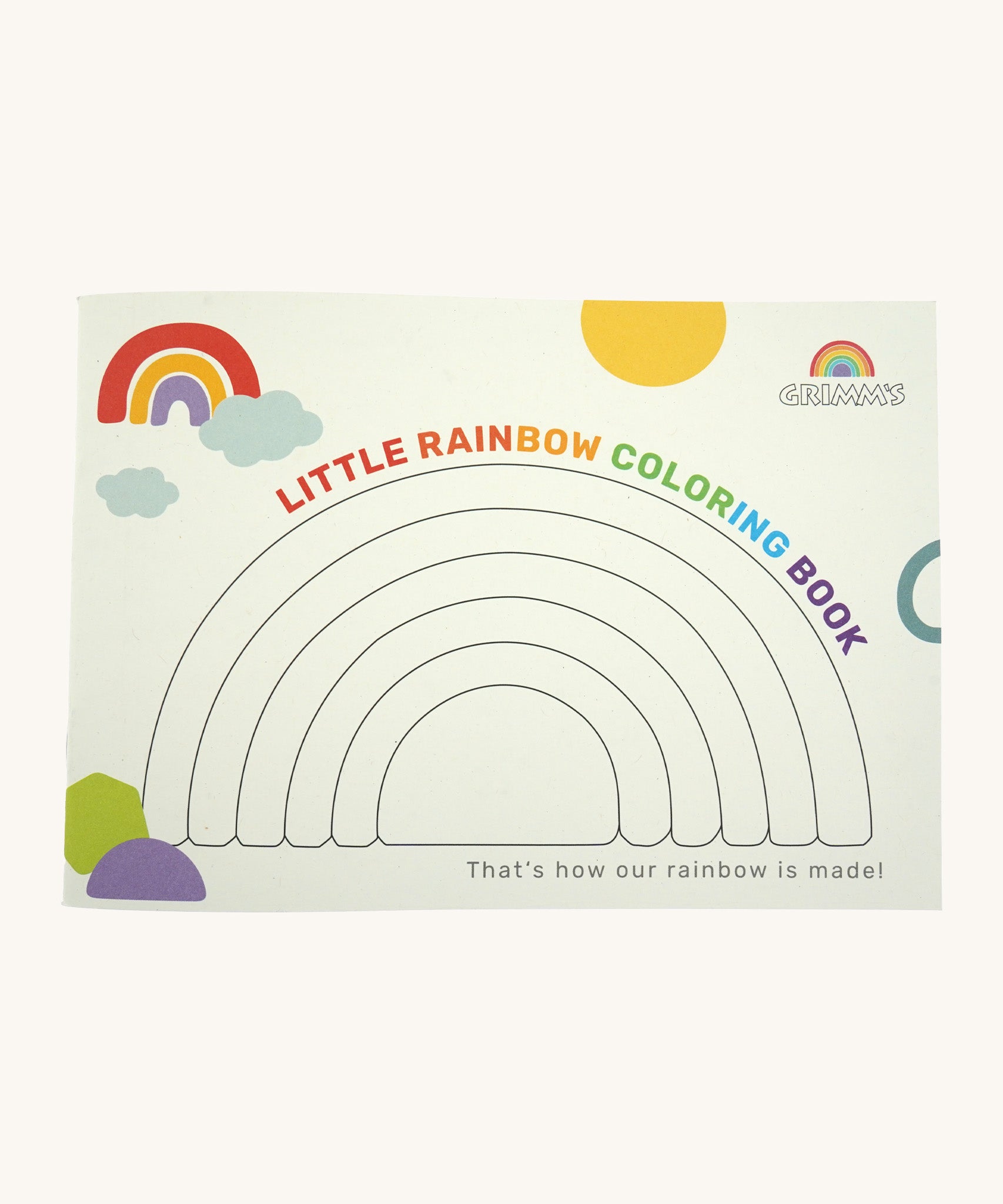 Grimms little rainbow colouring book available at Babipur showing a blank rainbow on the cover to colour in. 