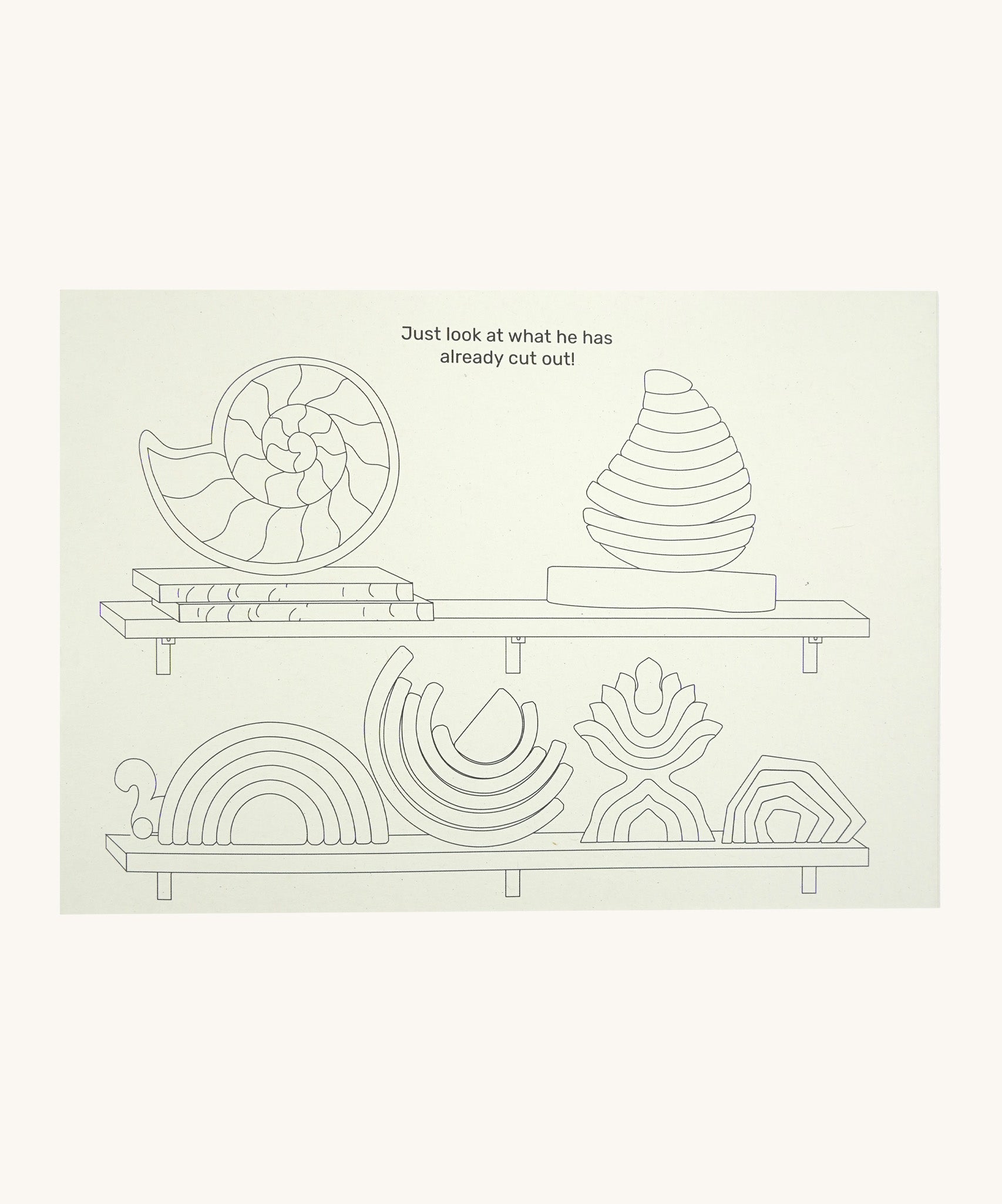 A page from the Grimms little rainbow colouring book available at Babipur showing an example page with the different rainbows and sets on a shelf