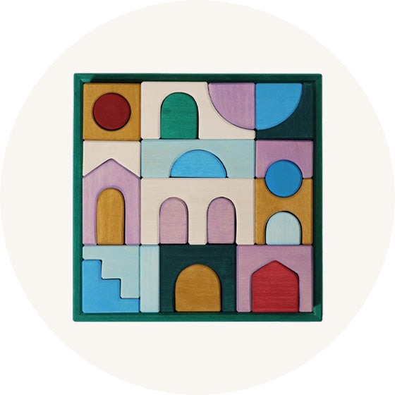 Grimm's Building Block Set Floors, shades of blues, greens and purples with arches and doorway blocks, to represent new Grimm's at Babipur, official UK stockist.