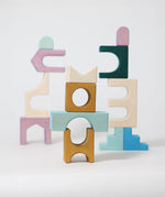 A simple stack made from tactile wooden pieces from the Grimm's floor building set 