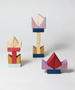 3 simple flower stacks using different handcrafted wooden Grimms pieces from the rhythm set 