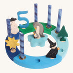 Grimm's 12-Hole Blue-Green Wooden Celebration Ring with 5 blue candles and decorative figures to celebrate a 5th birthday
