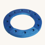 Grimm's 12-Hole Blue Wooden Ring is made from 4 sections of wood, with each section having 3 hold to put a decorative figure or a candle inside. The image is on a cream background