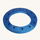 Grimm's 12-Hole Blue Wooden Ring is made from 4 sections of wood, with each section having 3 hold to put a decorative figure or a candle inside. The image is on a cream background