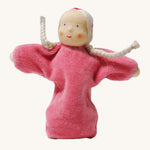 Grimm's Pink Lavender Girl is a lovely Waldorf inspired, soft body doll with a pink body, braided white hair with embroidered ribbon details in the hair. The image is on a white background