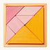 The Grimm's Tangram puzzle toy with blocks in different shapes and sizes, and colours of pink and orange sit in a small light brown wooden base on a cream background