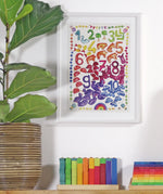 Grimm’s World of Numbers Art Print displayed above a matching counting stack game and counting pyramid