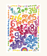 Grimm’s World of Numbers Art Print. A watercolour collage poster with Grimm's World of Numbers toys a introduction to numbers from 1 to 10.