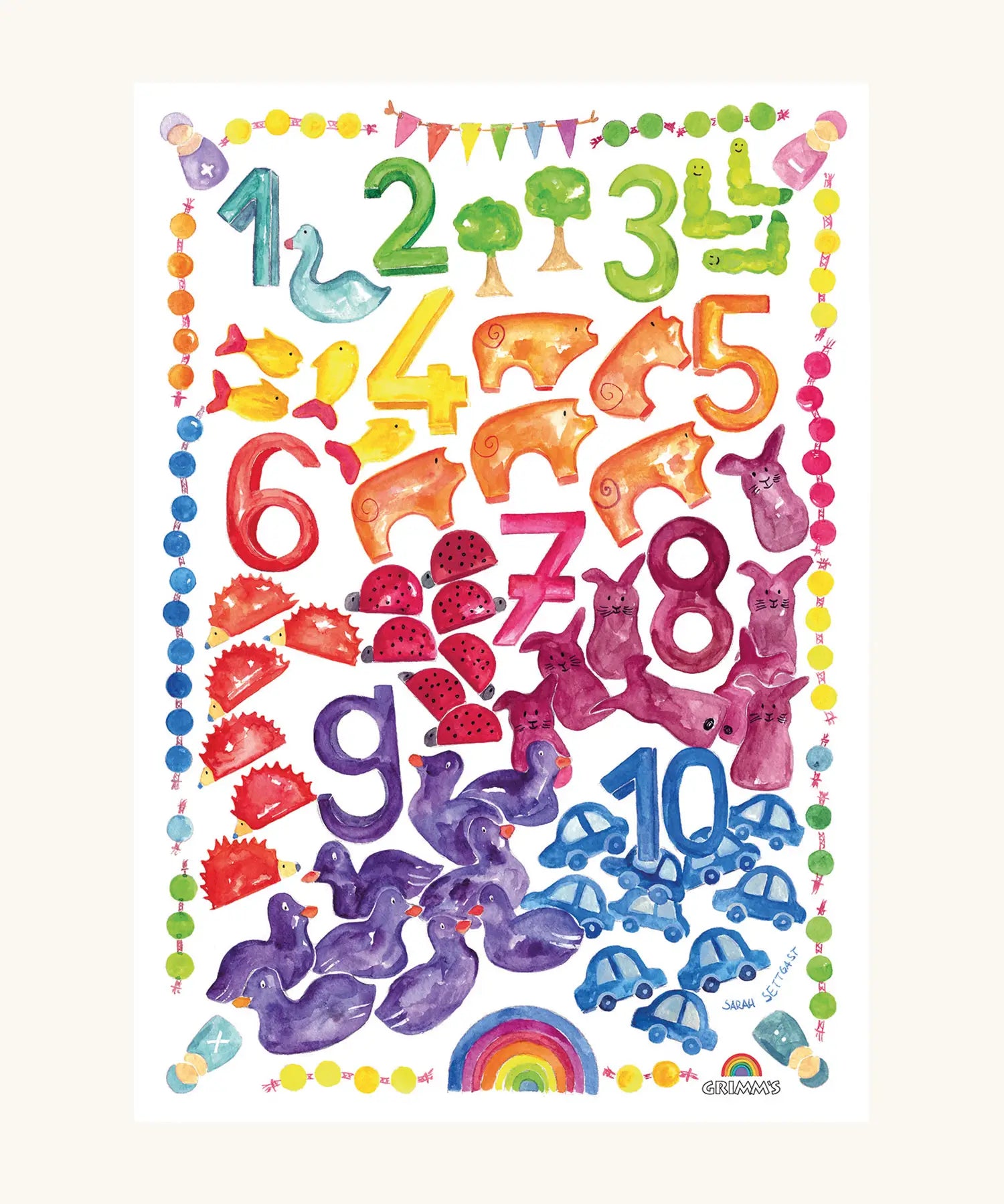 Grimm’s World of Numbers Art Print. A watercolour collage poster with Grimm's World of Numbers toys a introduction to numbers from 1 to 10.