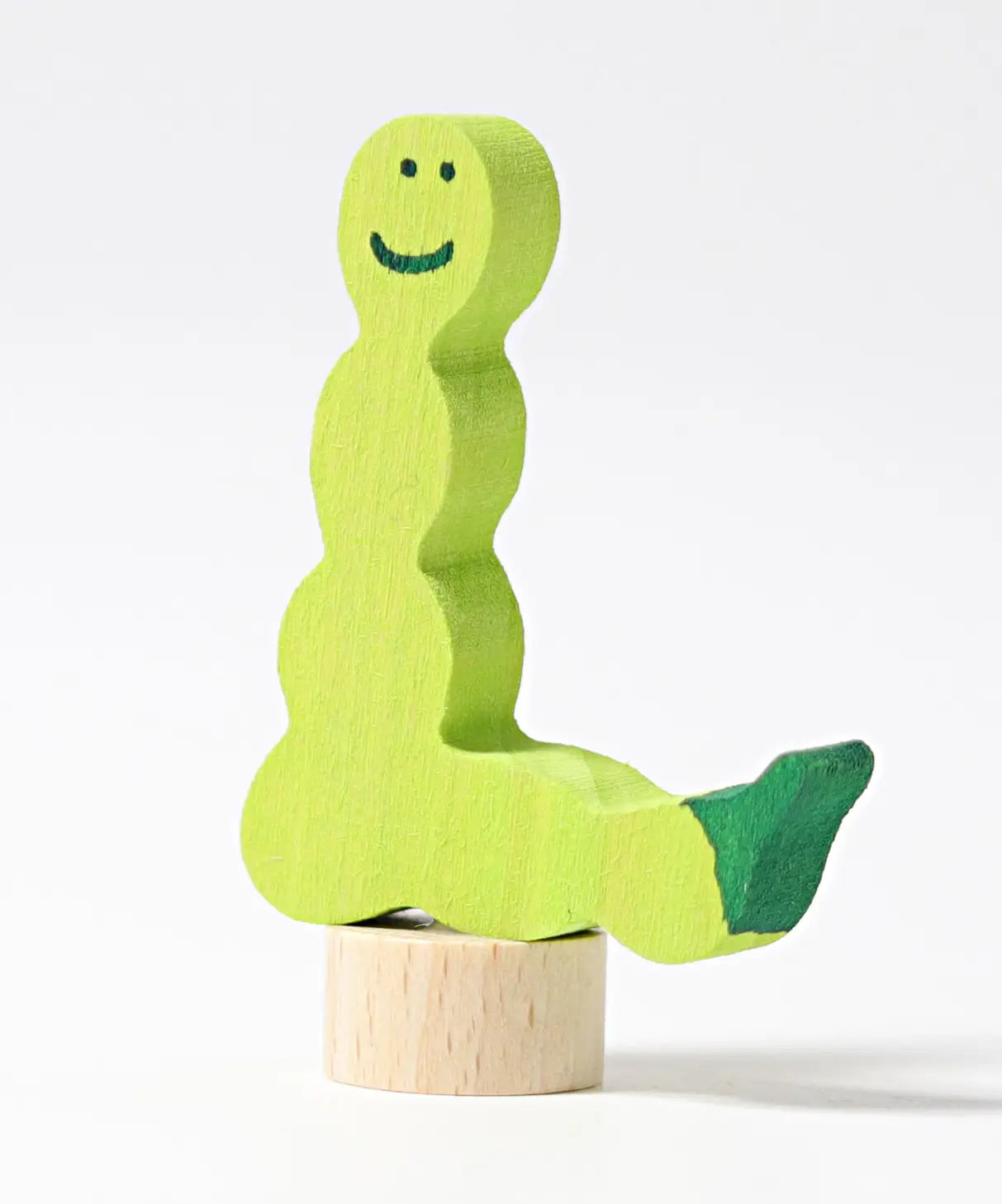 Side of Grimm's handcrafted wooden worm decorative figure in green with unpainted stand