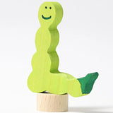 Side of Grimm's handcrafted wooden worm decorative figure in green with unpainted stand