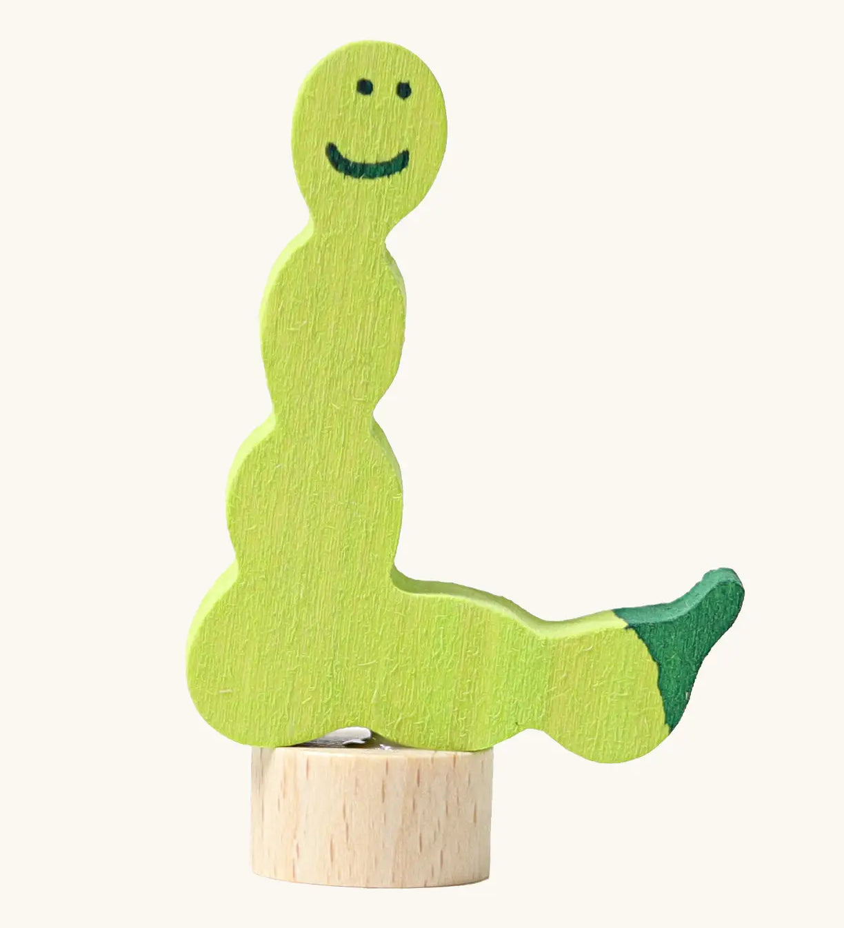 Grimm's handcrafted wooden worm decorative figure in green with unpainted stand